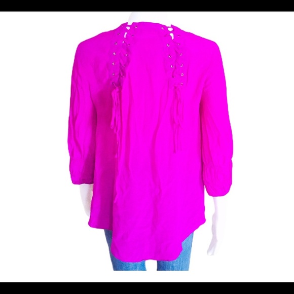 ARYN K (Anthropologie) Lace Up Blouse With 3/4 Length Sleeves Fuschia Pink Sz M - Picture 3 of 12